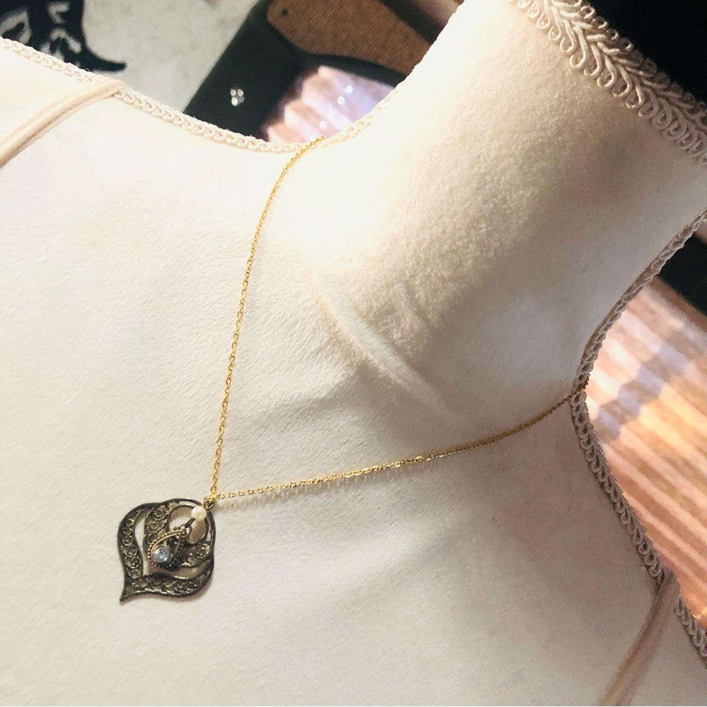 Handcrafted old golden brass filigree pendant on chain necklace